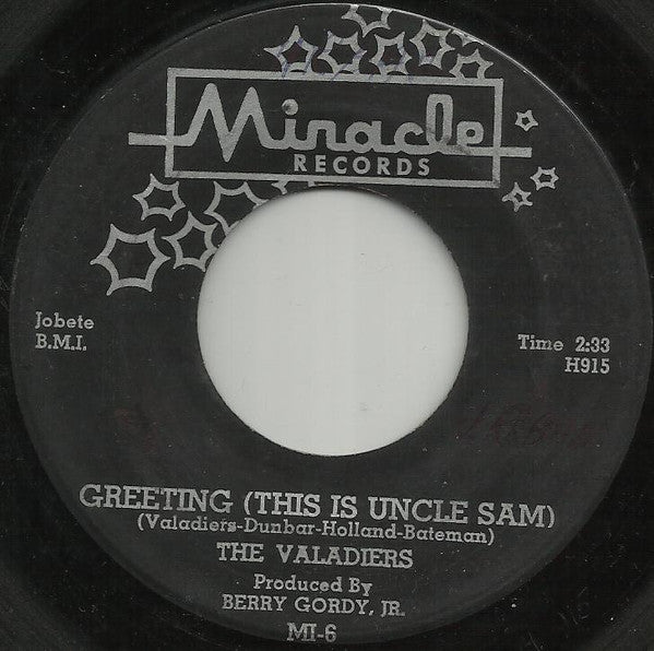 The Valadiers : Greeting (This Is Uncle Sam) (7", Single, ARP)