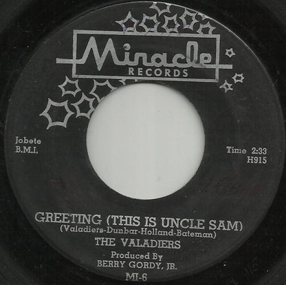 The Valadiers : Greeting (This Is Uncle Sam) (7", Single, ARP)