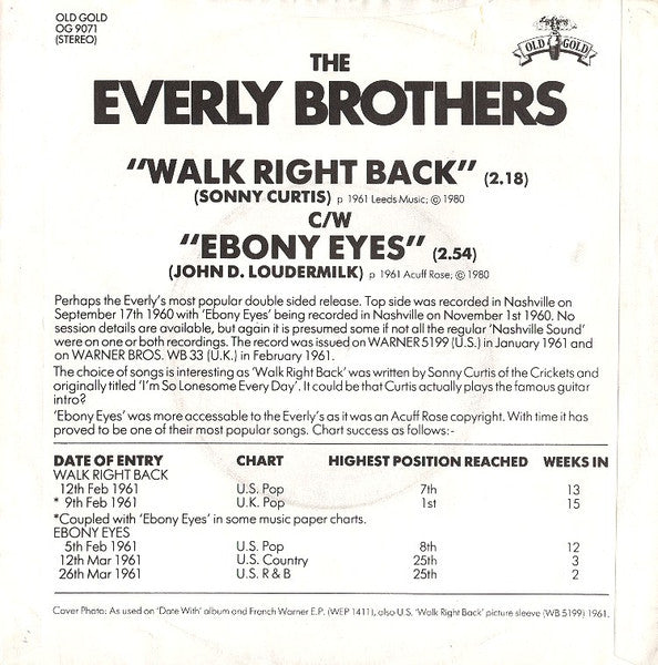Everly Brothers : Walk Right Back / Ebony Eyes (7", Single, RE)
