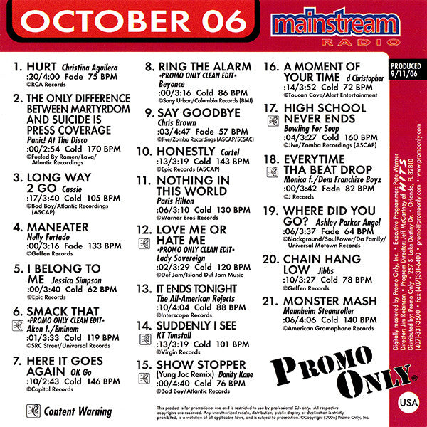 Various : Promo Only Mainstream Radio: October 06 (CD, Comp, Promo)