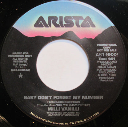 Milli Vanilli : Baby Don't Forget My Number (7", Promo)
