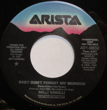 Milli Vanilli : Baby Don't Forget My Number (7", Promo)