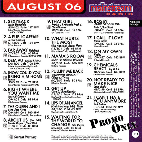 Various : Promo Only Mainstream Radio: August 06 (CD, Comp, Promo)