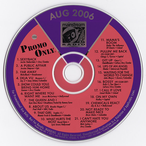 Various : Promo Only Mainstream Radio: August 06 (CD, Comp, Promo)