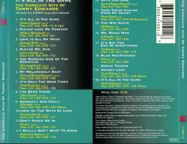 Tommy Edwards : It's All In The Game: The Complete Hits Of Tommy Edwards (CD, Comp, Mono)