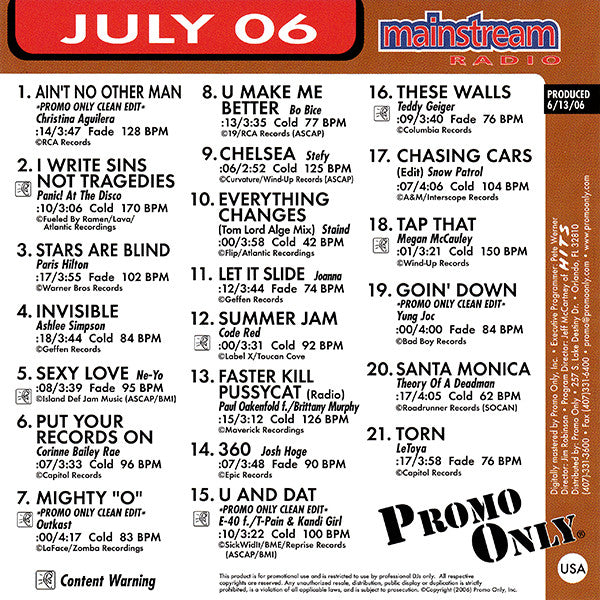 Various : Promo Only Mainstream Radio: July 06 (CD, Comp, Promo)