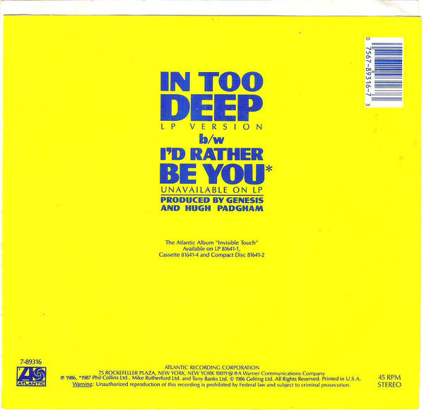 Genesis : In Too Deep (7", Single, SP )
