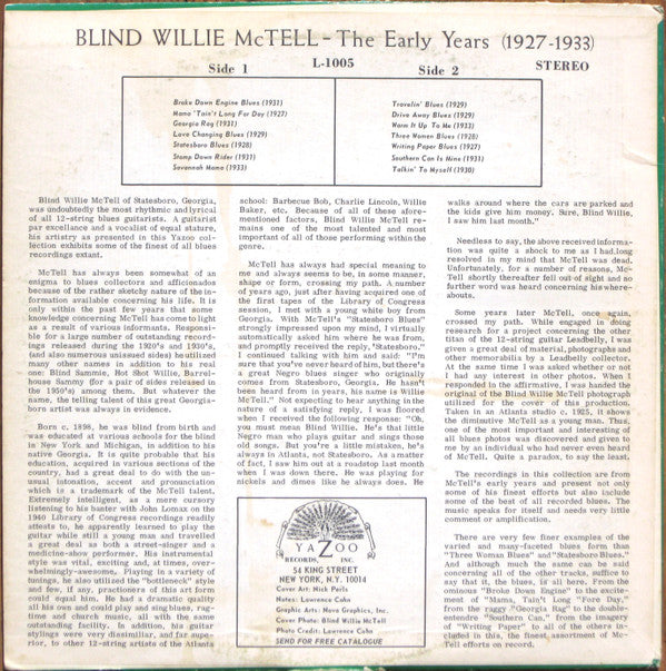 Blind Willie McTell : The Early Years  (1927-1933) (LP, Comp, Mono)