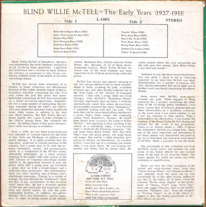 Blind Willie McTell : The Early Years  (1927-1933) (LP, Comp, Mono)
