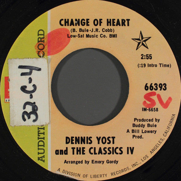 Dennis Yost And The Classics IV : Change Of Heart (7", Promo, Styrene)