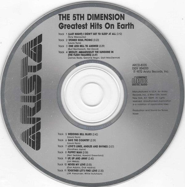 The Fifth Dimension : Greatest Hits On Earth (CD, Comp, Club, RE, CRC)