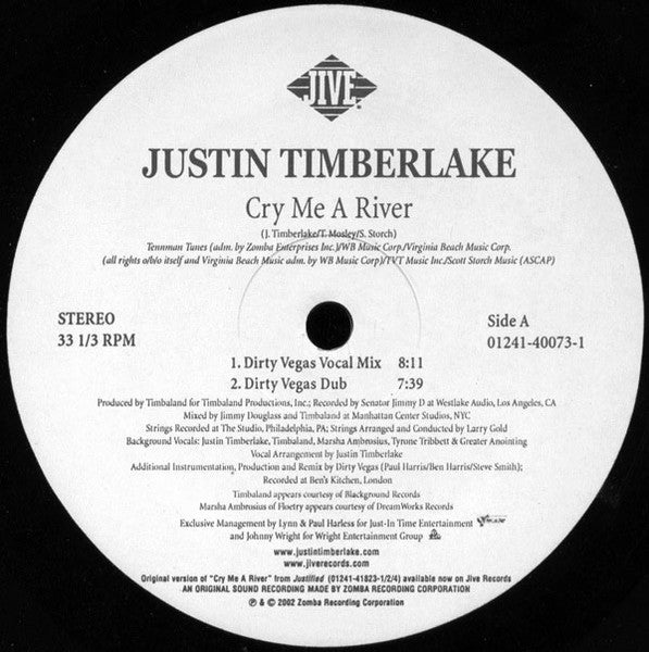 Justin Timberlake : Cry Me A River (12", Promo)