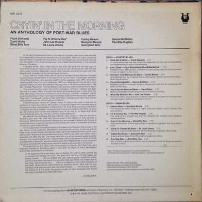 Various : Cryin' In The Morning - An Anthology Of Post-War Blues (LP, Comp, Promo)
