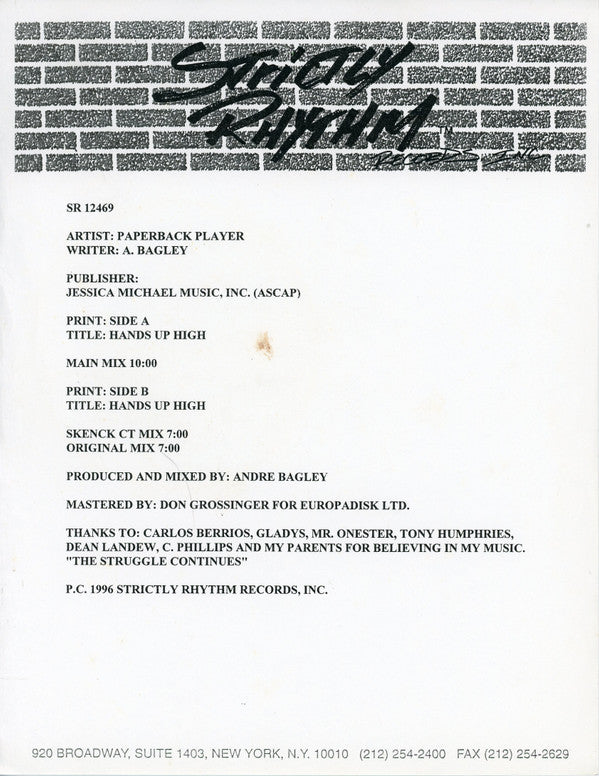 Paperback Player : Hands Up High (12", TP)