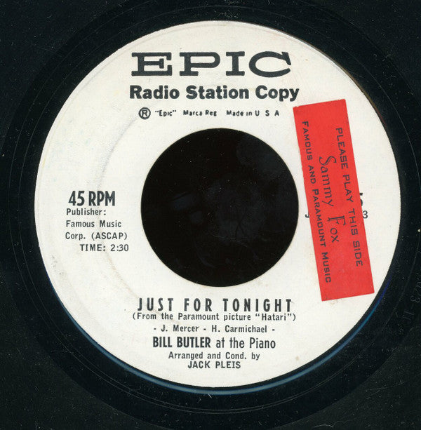 Bill Butler (7) : Bill Butler At The Piano - Just For Tonight / Soldier Boy (7", Single, Promo)