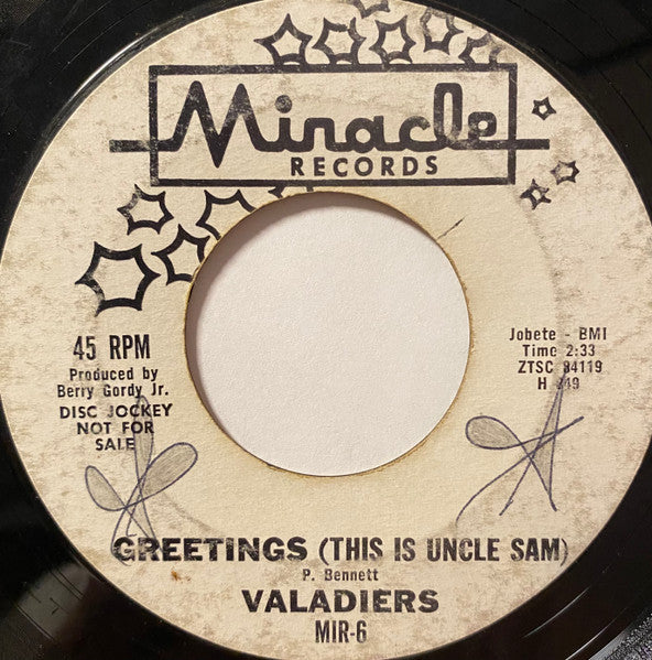 The Valadiers : Greetings (This Is Uncle Sam)  (7", Single, Mono, Promo, Styrene, Ter)