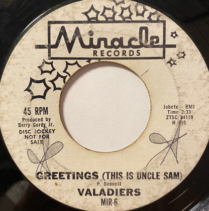 The Valadiers : Greetings (This Is Uncle Sam)  (7", Single, Mono, Promo, Styrene, Ter)