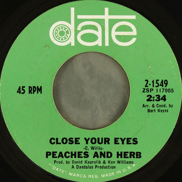 Peaches & Herb : Close Your Eyes (7", Styrene, Pit)