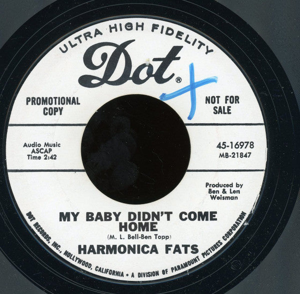 Harmonica Fats : My Baby Didn't Come Home / Drive Way Blues (7", Promo, Styrene, Mon)