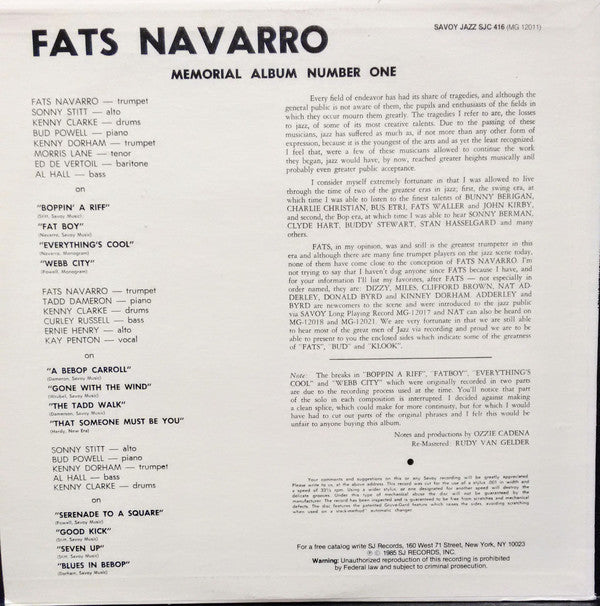 Fats Navarro : Fats Bud-Klook-Sonny-Kinney (Memorial Album Number One) (LP, Album, Mono, RE, RM)