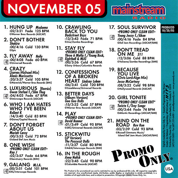 Various : Promo Only Mainstream Radio: November 05 (CD, Comp, Promo)