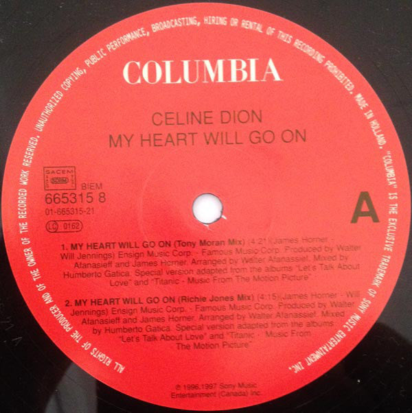 Céline Dion : My Heart Will Go On (Love Theme From 'Titanic') (Dance Mixes) (12", Single)