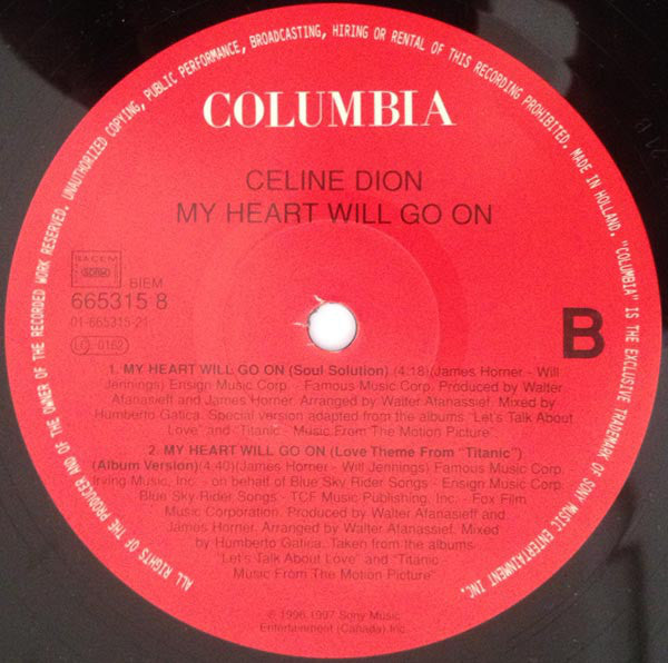 Céline Dion : My Heart Will Go On (Love Theme From 'Titanic') (Dance Mixes) (12", Single)
