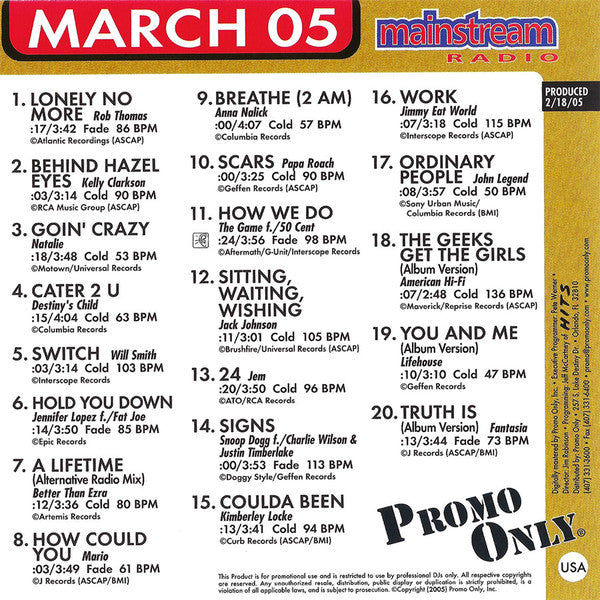 Various : Promo Only Mainstream Radio: March 05 (CD, Comp, Promo)