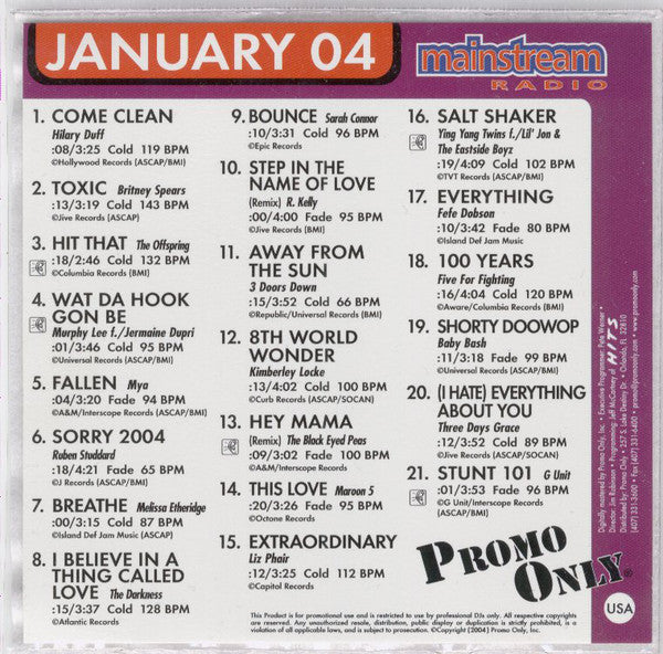 Various : Promo Only Mainstream Radio: January 04 (CD, Comp, Promo)