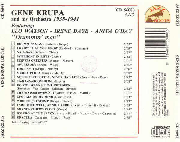 Gene Krupa And His Orchestra Featuring Leo Watson, Irene Daye, Anita O'Day : 1938 - 1941 "Drummin' Man" (CD, Comp)