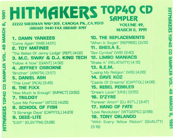 Various : Hitmakers Top 40 CD Sampler Volume 49 March 8, 1991 (CD, Promo, Smplr)