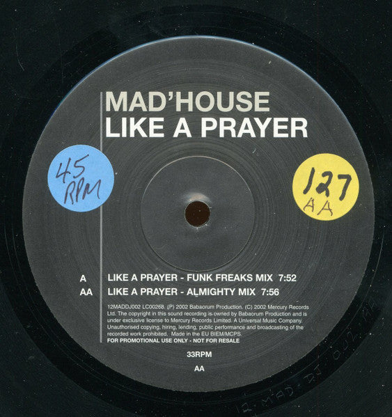 Mad'house : Like A Prayer (12", Single, Promo)