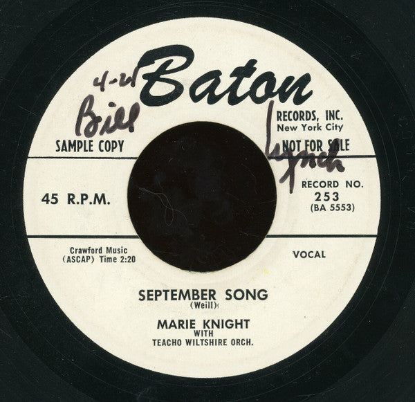 Marie Knight With Teacho Wiltshire Orchestra : I Thought I Told You Not To Tell Them / September Song (7", Promo)
