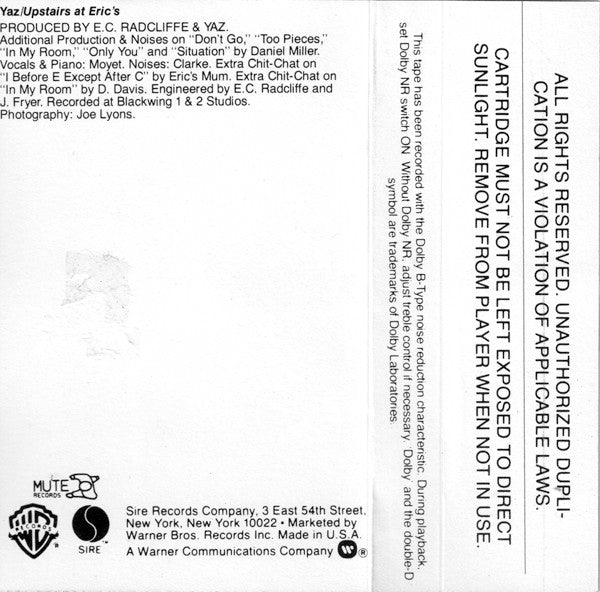 Yazoo : Upstairs At Eric's (Cass, Album, RE, SR,)